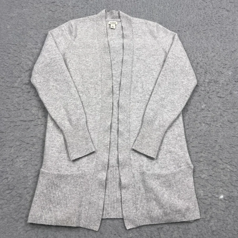 LL Bean Cardigan Womens Small Gray 100% Cashmere Open Front Pockets Knit Sweater